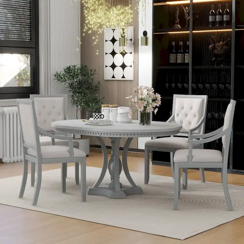 3-Color Farmhouse Extendable Round Dining Table & 4 Upholstered Chairs for 4
