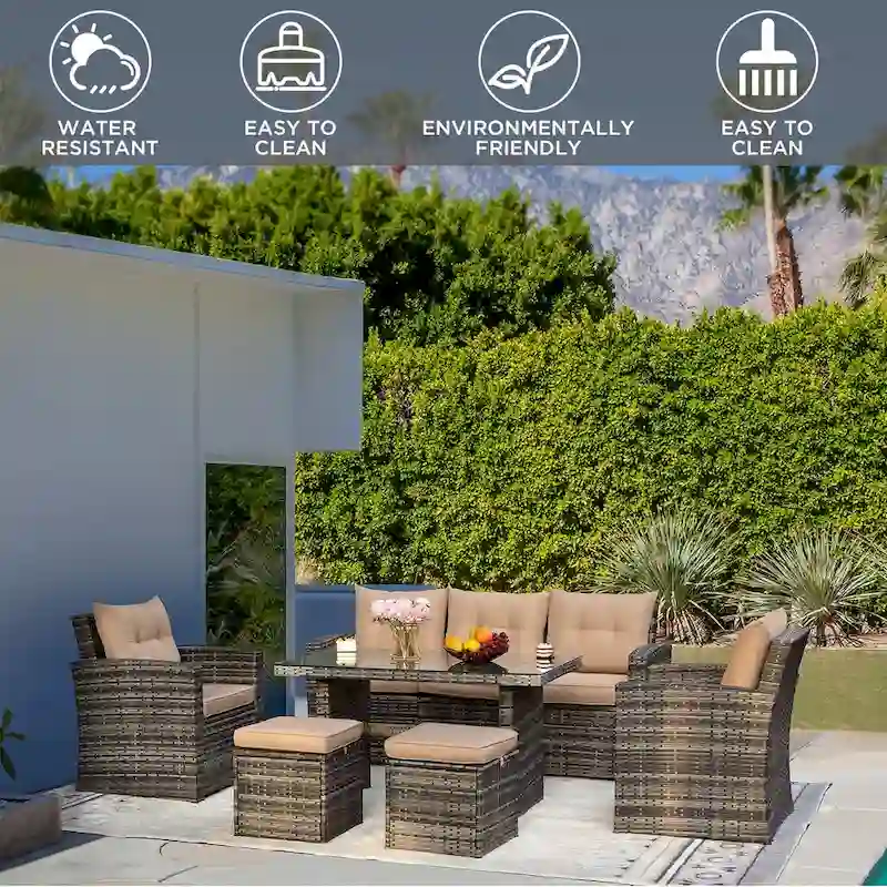 Outdoor Wicker 6-Piece Conversation Sofa Set with Brown Cushions