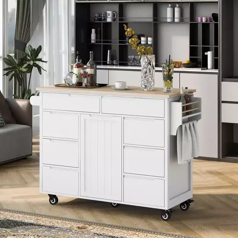 FAMYYT Rolling White Rubber Wood Countertop 53 in. Kitchen Island Cart with 8 Handle-Free Drawers, 5 Wheels