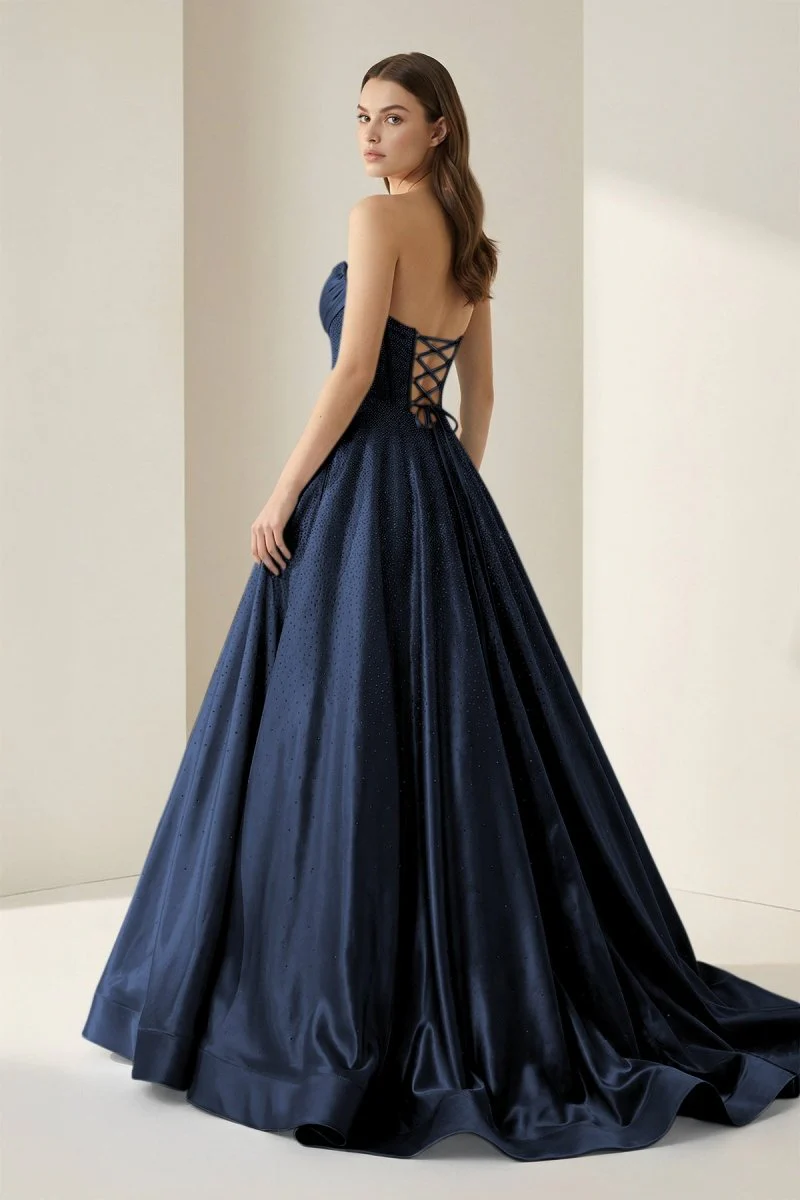 Navy Blue - Strapless A Line Satin Beaded Long Prom Dresses With Pockets