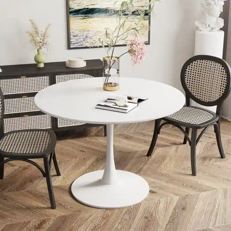 Mid-Century Modern Round Kitchen or Dining Table with Premium MDF Top and Steel Pedestal Base