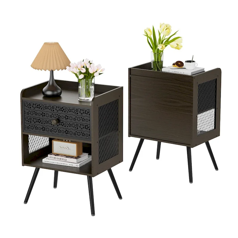 Wooden Bedside Table With Metal Legs Nightstand Set Of 2
