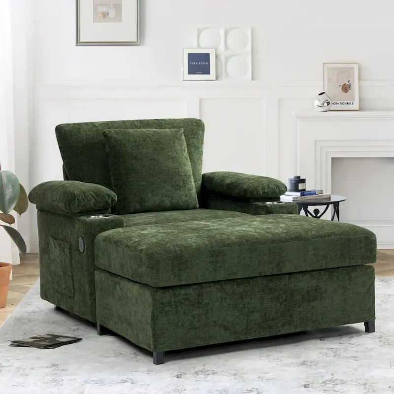 Oversized Chenille Convertible Chair Bed with Ottoman, Storage & USB Charging