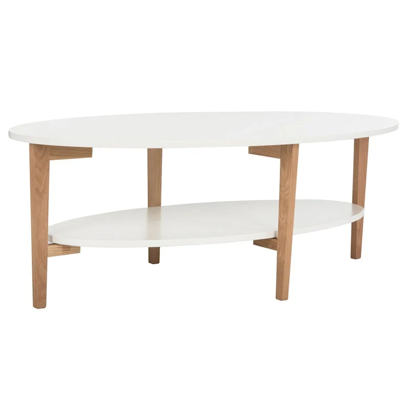 Mid-Century Oval Coffee Table White Natural Wood 2-Tier Storage 51.2
