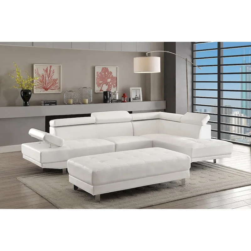 57-Inch Tufted Ottoman with Faux Leather Upholstery - White