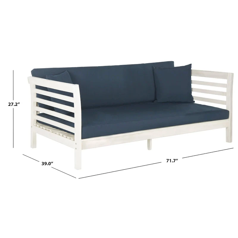 SAFAVIEH Outdoor Living Malibu Antiqued White/Navy Acacia Wood Cushioned Daybed - 39W x 72D x 27H