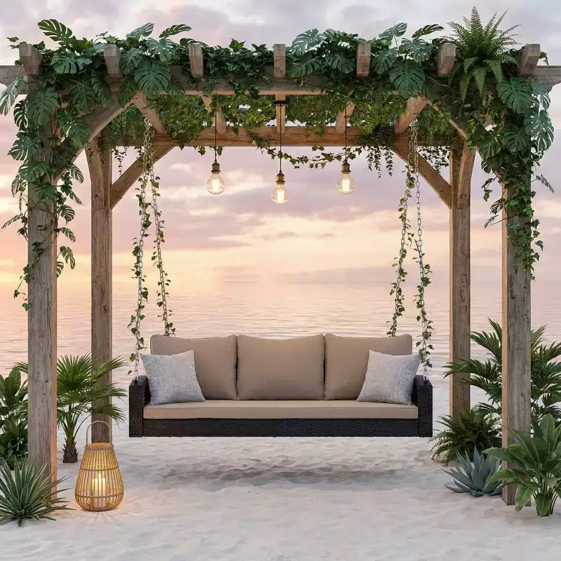 Whisen Weather Resistant 69 PE Wicker 3-Person Outdoor Swing Chair Patio Hanging Porch Swing Bench with Chains and Cushions