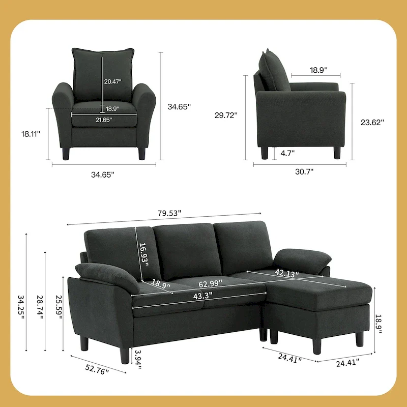3-Piece Living Room Sectional Sofa Set with Chair and Ottoman