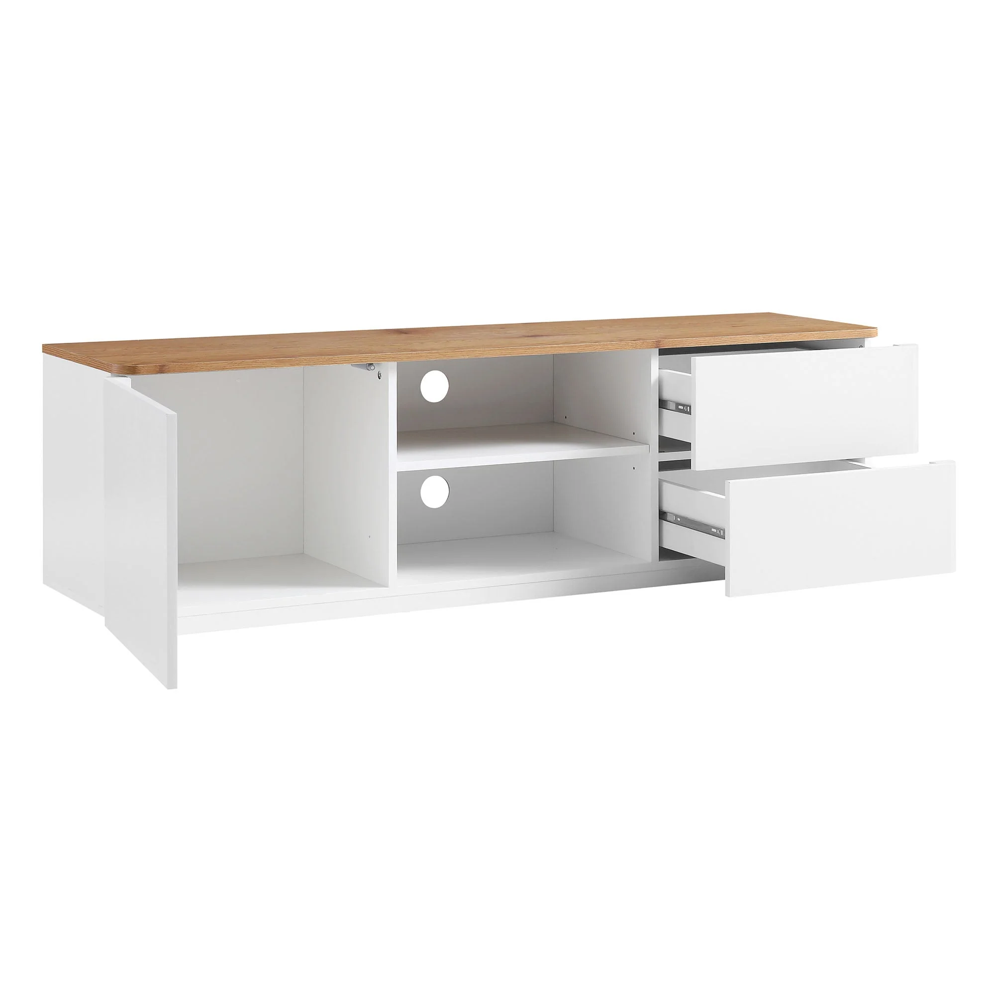 Curved Edge 59in. Wide TV Unit, Off White with Oak Top