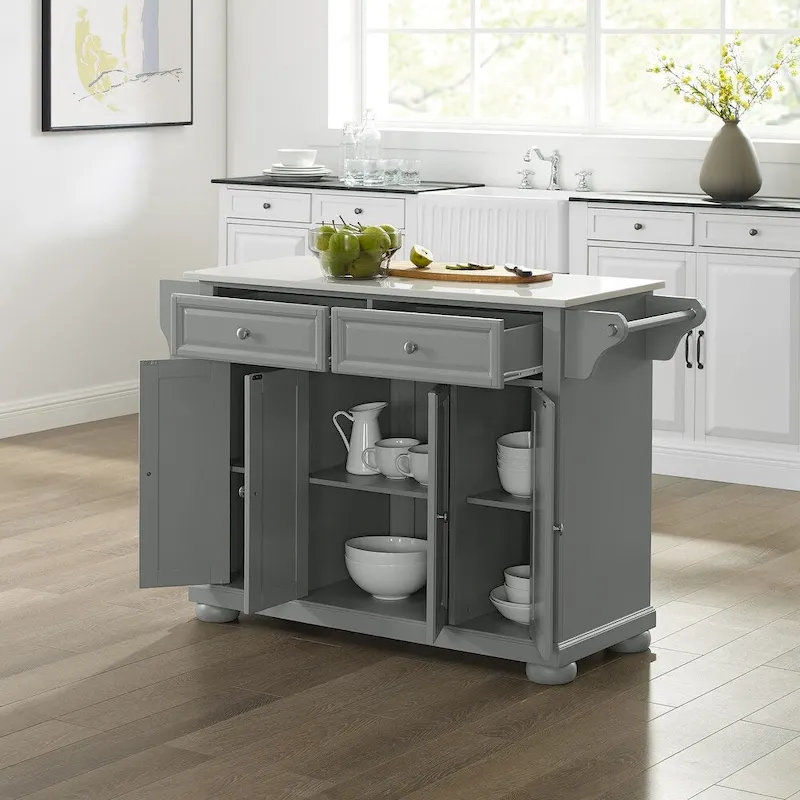 Granite Top Kitchen Island with Raised Panel Doors & Adjustable Shelves