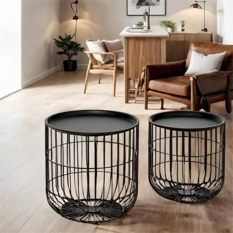 Round Nesting Coffee Tables with Steel Frame, Set of 2