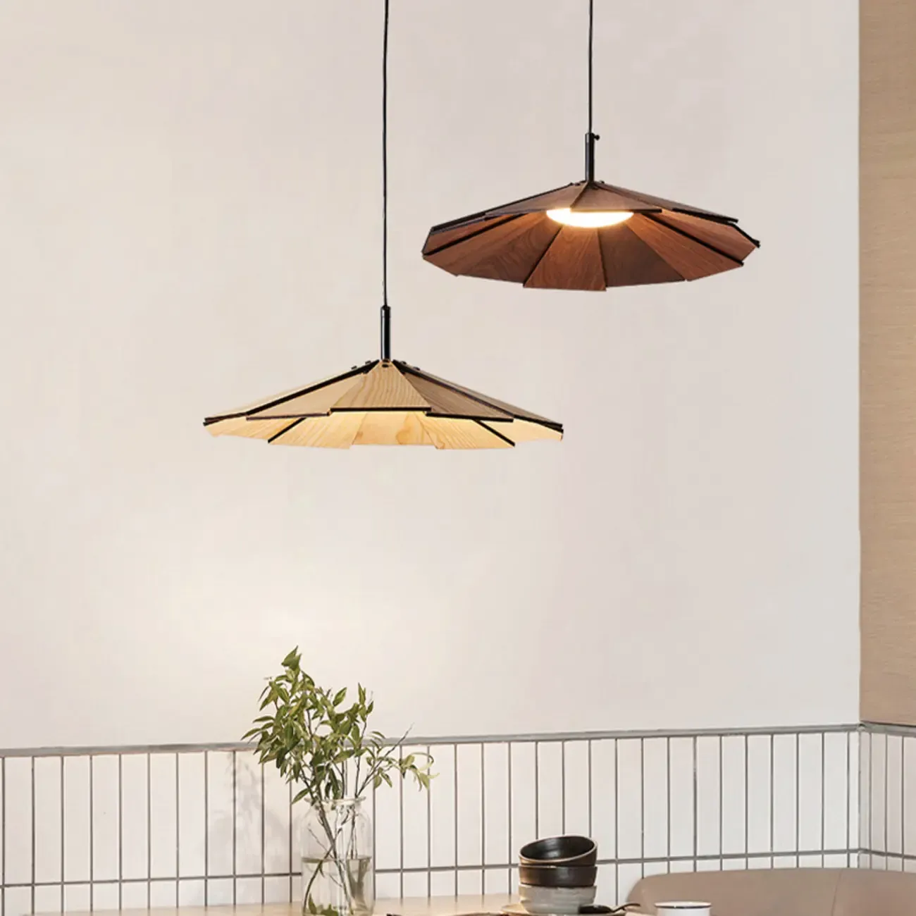 Classic Round Wooden Pendant Light with Shade for Home