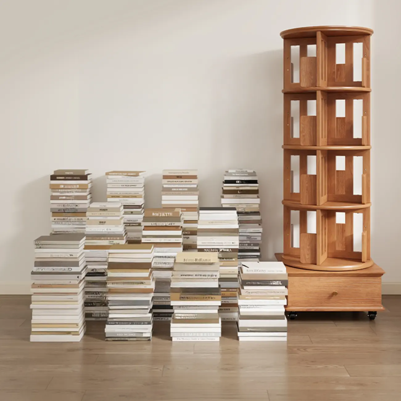 Swivel Rubberwood Vertical Open Back Bookcase with Drawer