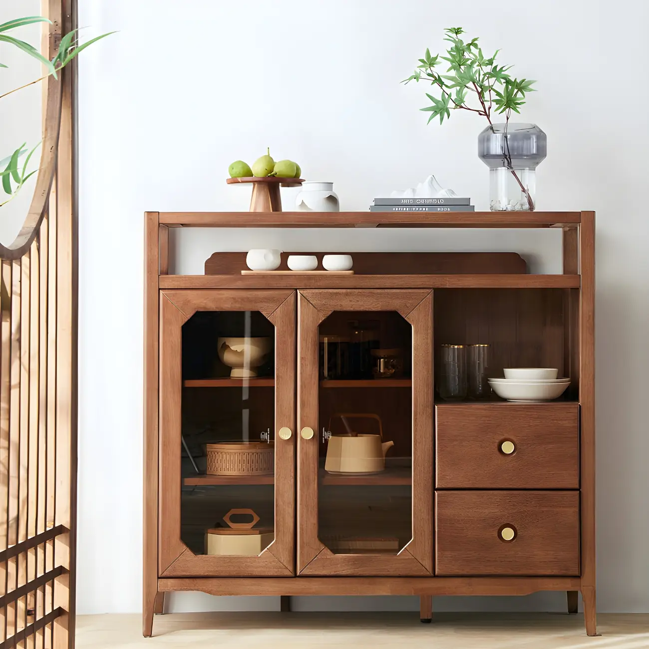 Modern Brown Glass Countertop Sideboard with Storage