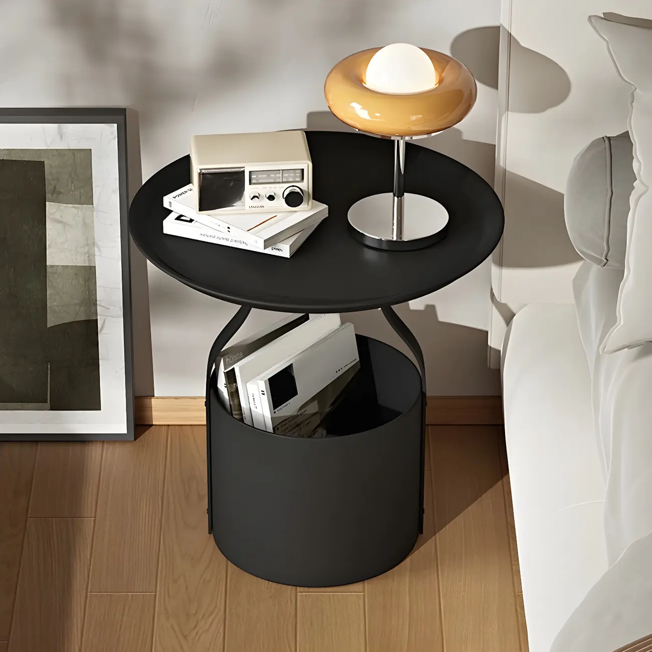 Minimalist Round Tray-Top Metallic Small Nightstand