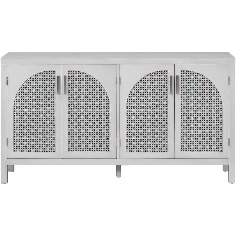 Grey/Black/White 4-Door Rattan Buffet Sideboard, 1-Person Assembly