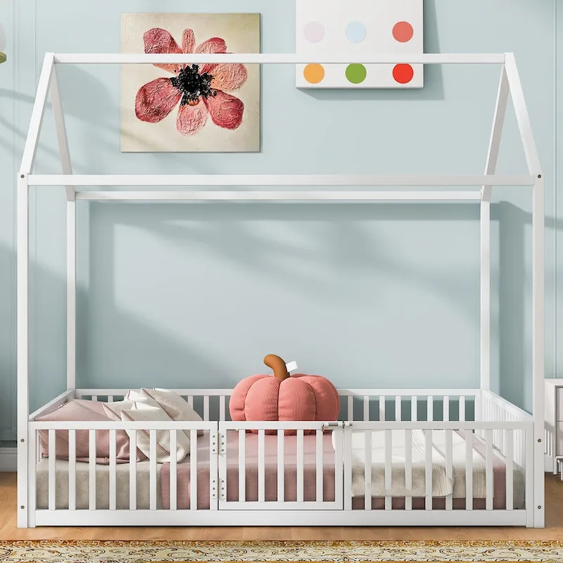 White House-Style Full Metal Bed with Fence & Door, 1-Person