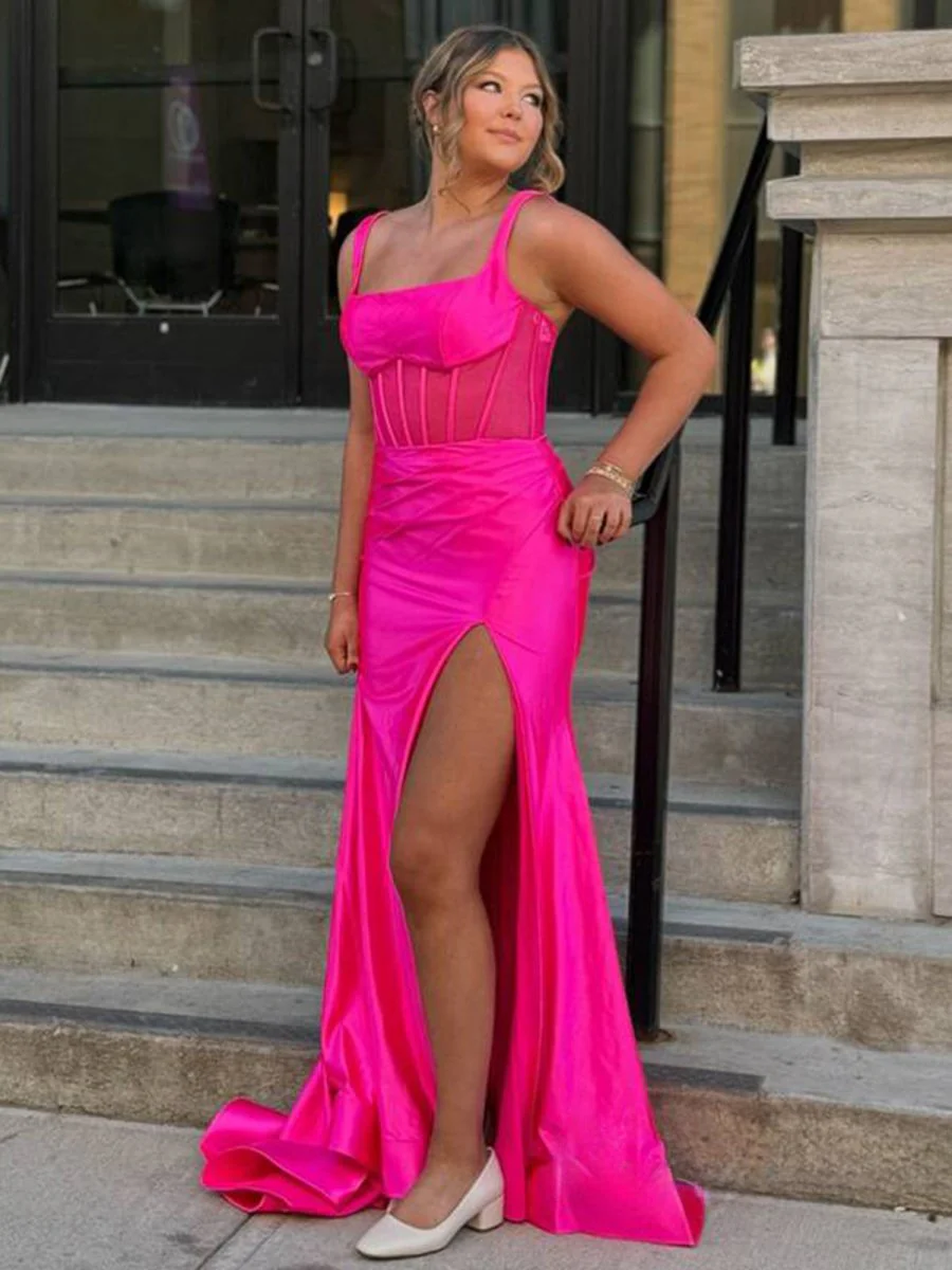 Straps Hot Pink Pleated Mermaid Prom Dress with Slit