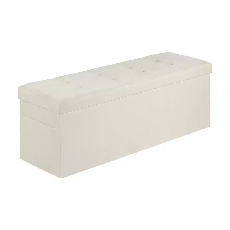 VEVOR Foldable Storage Ottoman Bench, End of Bed Bench with Side Bags, Folding Upholstered Storage Chest Supports 660 lbs, Linen Bed Ottoman, Beige