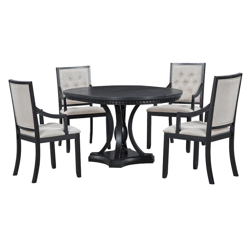 Black 5-Piece Wooden Dining Table Set with Extendable Round Table & 4 Armchairs