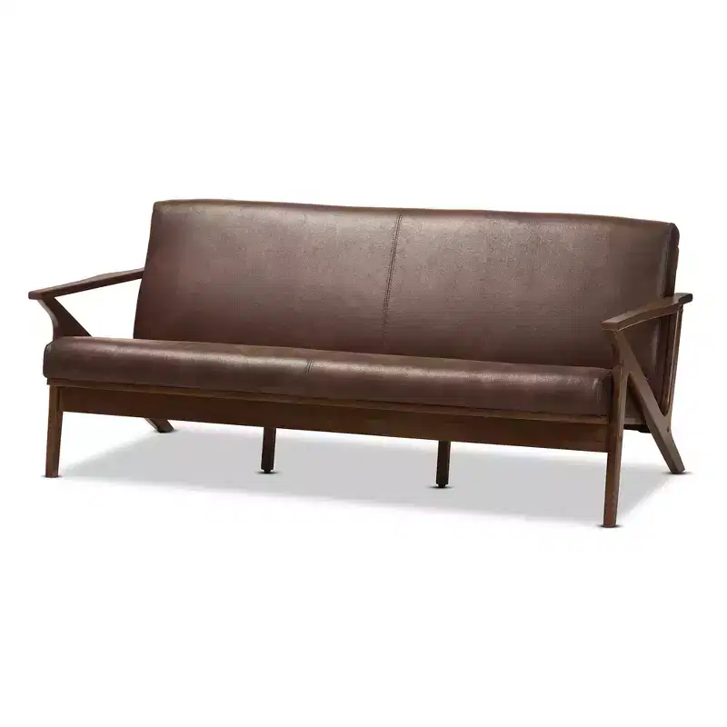 Bianca Mid-Modern Walnut Wood Distressed Faux Leather 3 Seater Sofa Dark Brown - Baxton Studio: Rubberwood Frame, Vintage Style