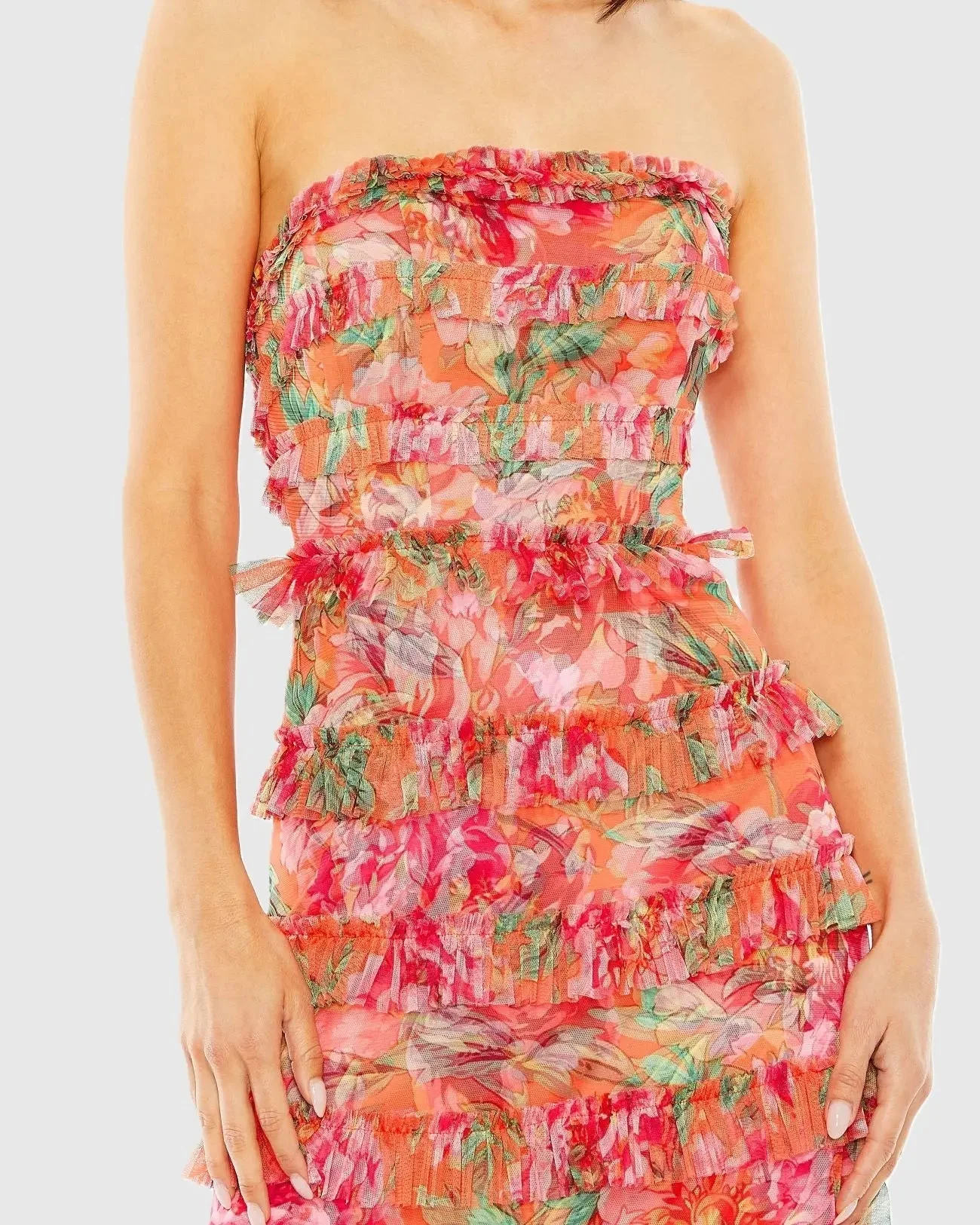 Multicolor Strapless Floral Micro Ruffle Dress