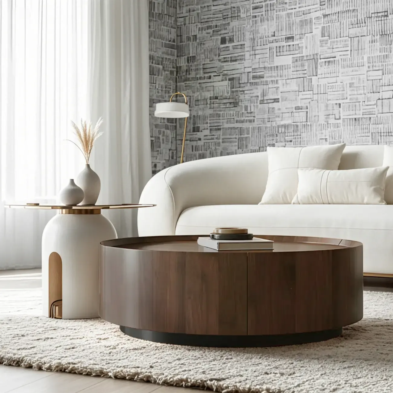 Brown Modern Stylish Round Wood Drawer Coffee Table
