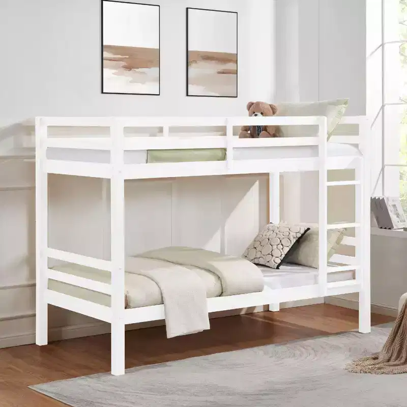 Twin over Twin Bunk Bed with Ladder  Wooden Frame with High Guardrails for Kids  No Box Spring Needed  Sturdy and Space-Saving  White