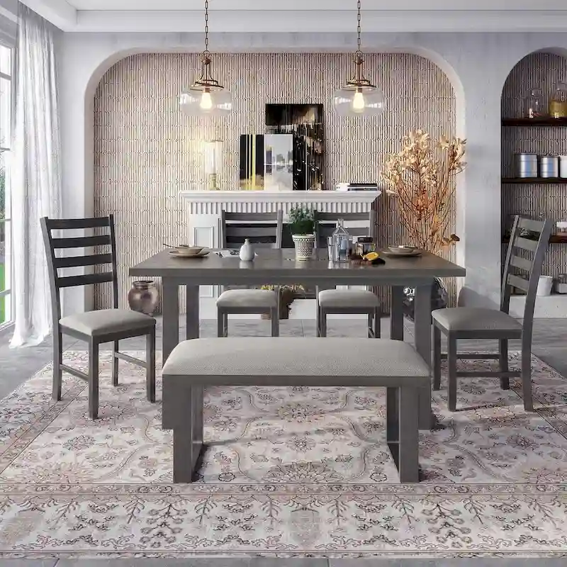 60 Rectangular Solid Wood Dining Table with 4 Upholstered Chairs and Bench