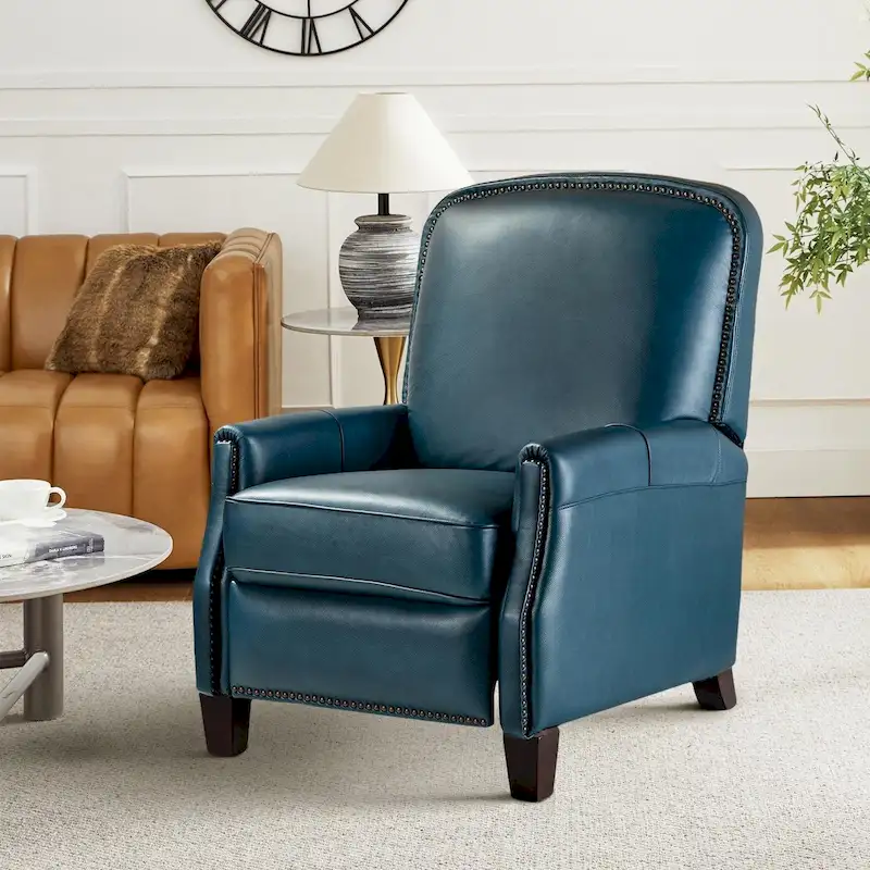 Modern Retro Genuine Leather Recliner with Nailhead Trim & Wooden Frame