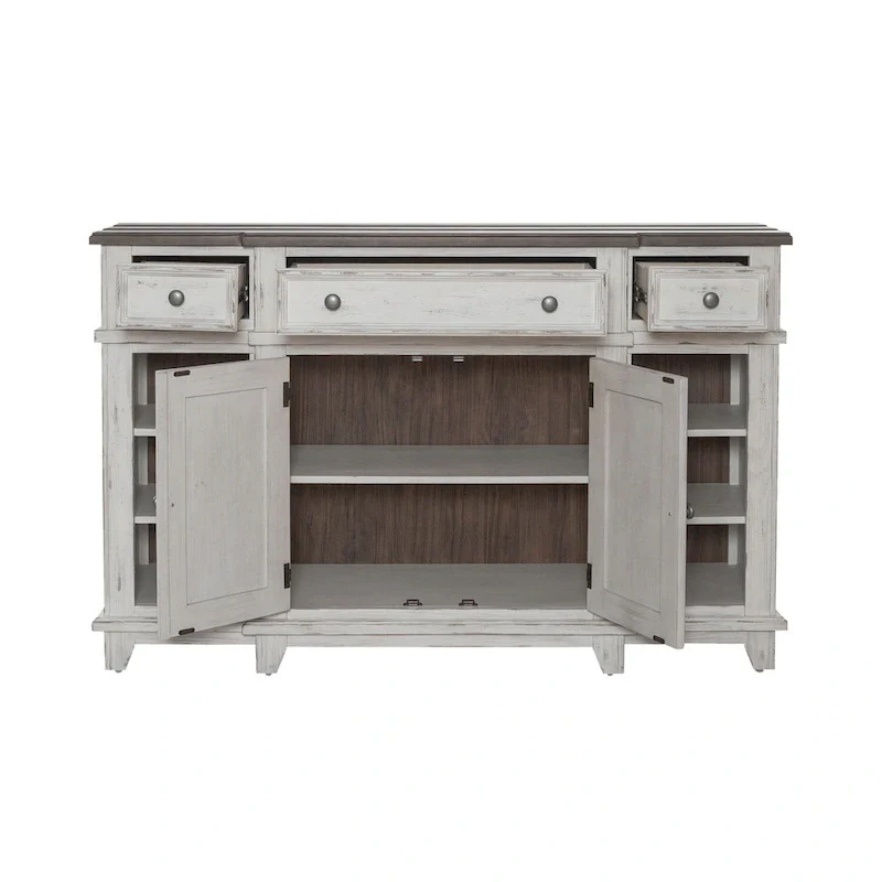 White & Grey Distressed Pine Breakfront Server – 1 Piece
