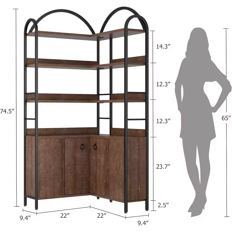 74 Tall 6-Tier L-Shaped Corner Bookshelf with Cabinet, Rustic Storage Bookcase with Doors for Living Room & Home Office, Brown