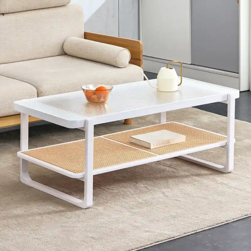 White Double-Layer Coffee Table, Glass Tabletop Imitation Rattan Side Table, Rectangular Solid Wood Table for Living Room