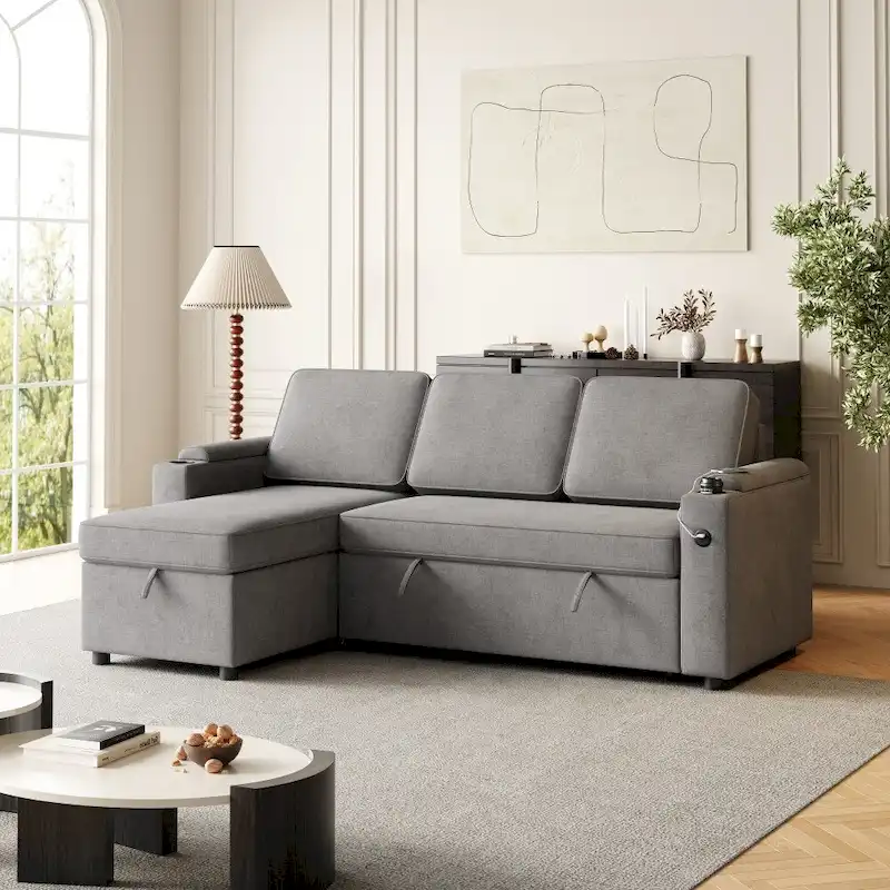 L-Shaped Convertible Sofa Bed with Storage and Charging Ports
