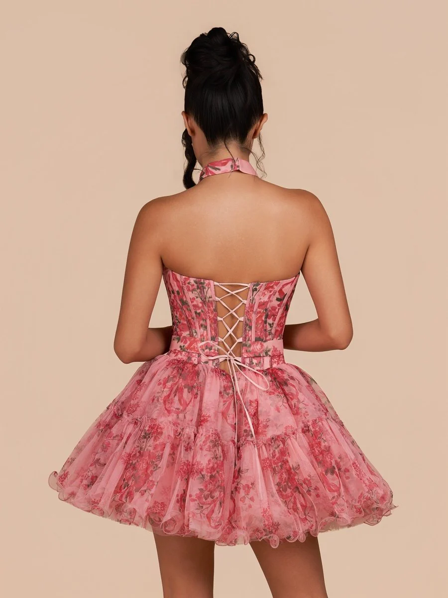 Pink Strapless A-Line Floral Short Homecoming Dresses With Ruffles