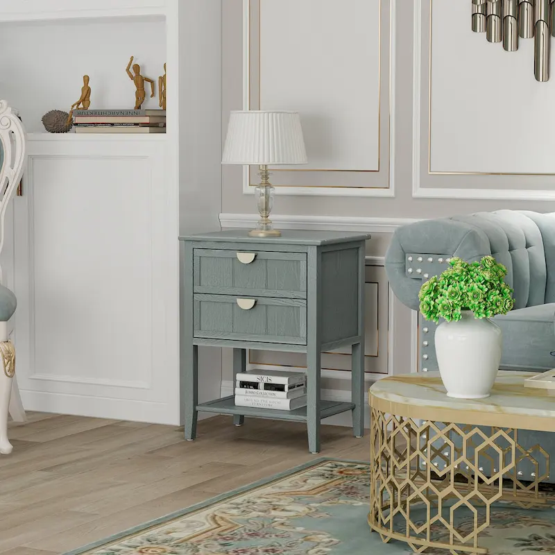 Grey / Olive Green American-Style 2-Drawer Nightstand with Wood Grain MDF & Non-Slip Feet, 1-Person