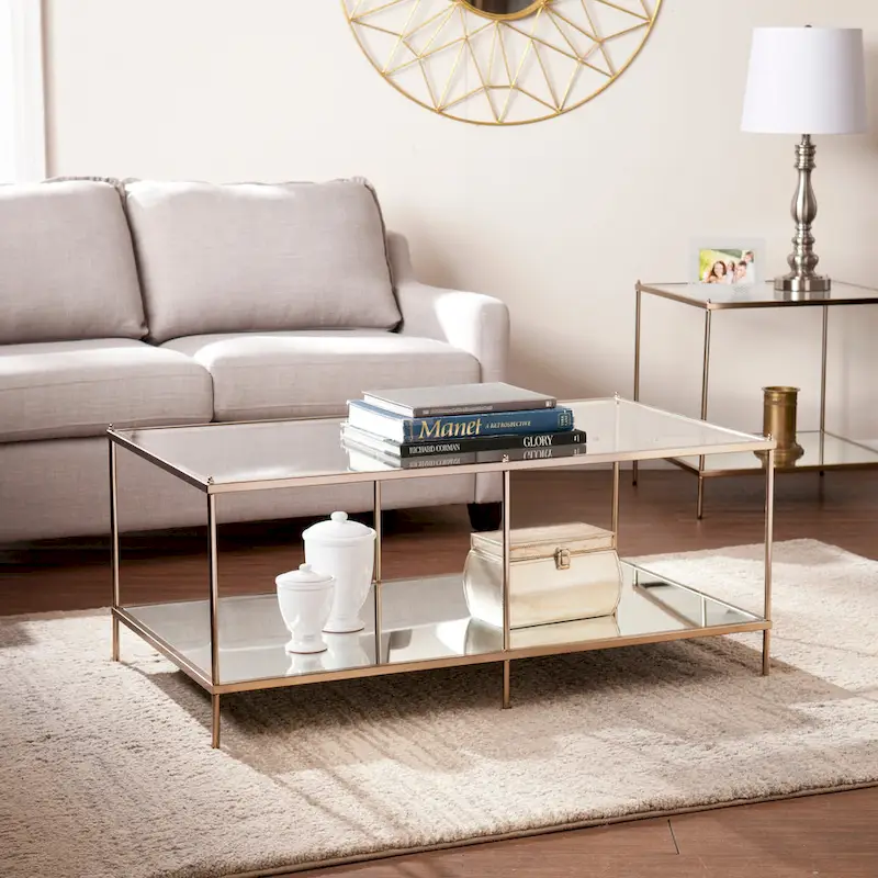 SEI Furniture Grant Goldtone Rectangular Coffee Table with Glass top and Bottom Shelf