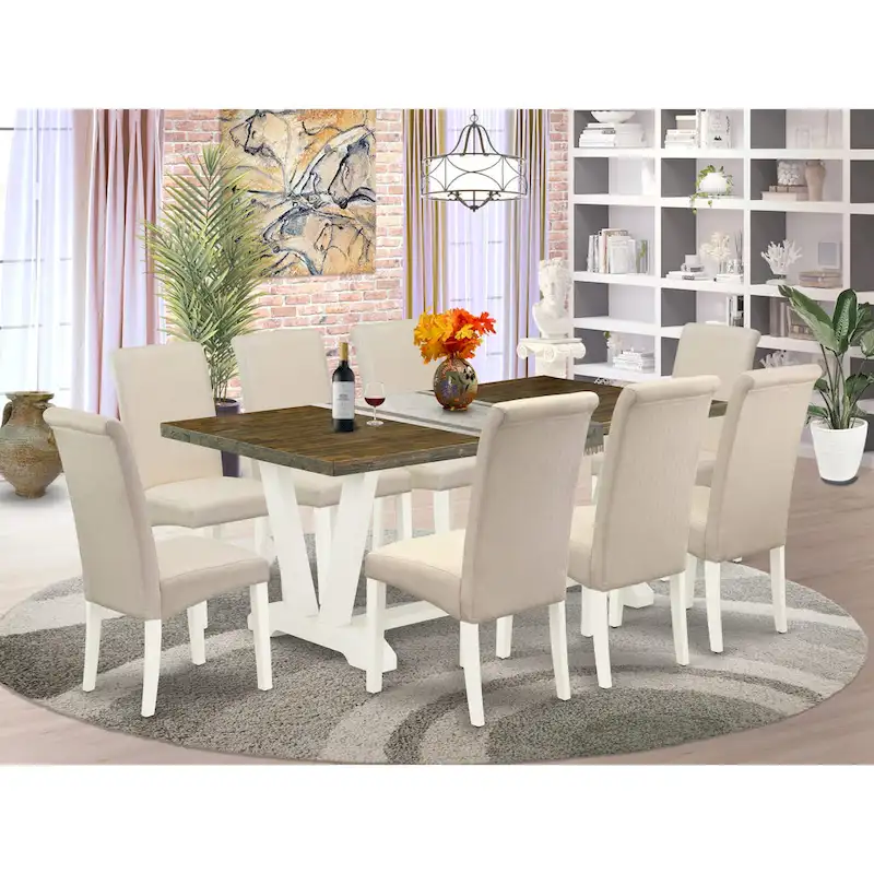 Linen White Rectangular Dining Table Set with Cream Linen Chairs – 5, 6, 7 or 9-Piece