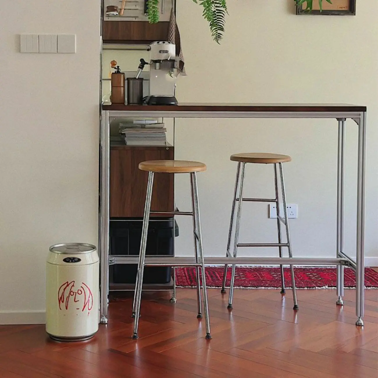 Modern Brown Wood Silver Metal Trestle Bar Tables