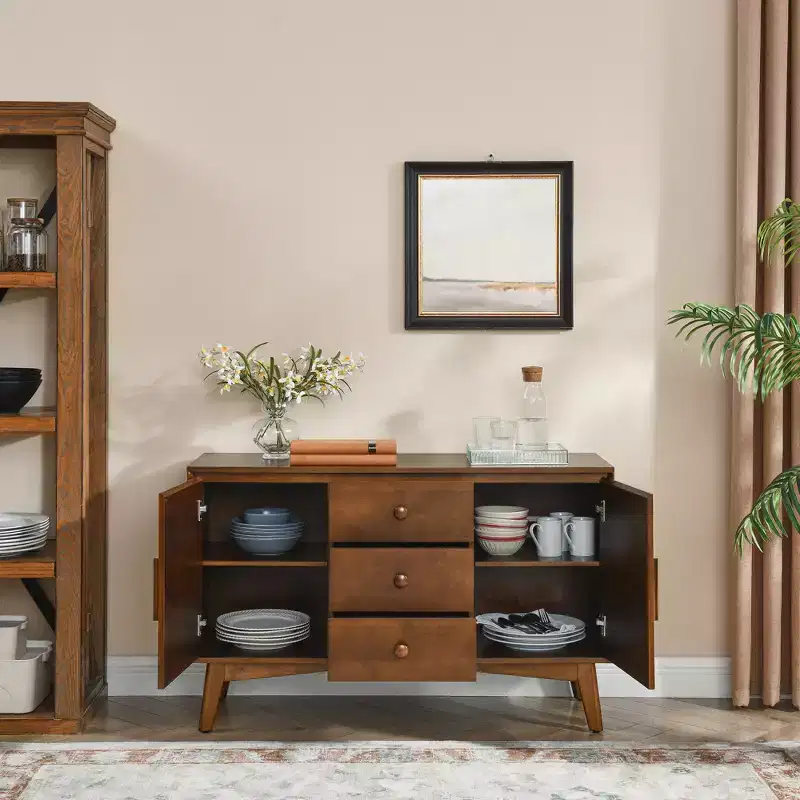 JVNOXK 47.3-inch Mid-Century Modern Sideboard with Storage, Featuring 2 Doors and 3 Drawers, Suitable for Dining Room, Walnut Finish