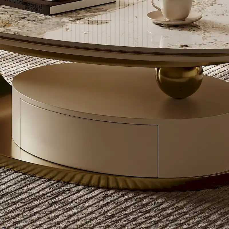 51 Modern Oval Coffee Table, Sintered Stone Top, Gold legs, Drawer - 51.2 X 27.5