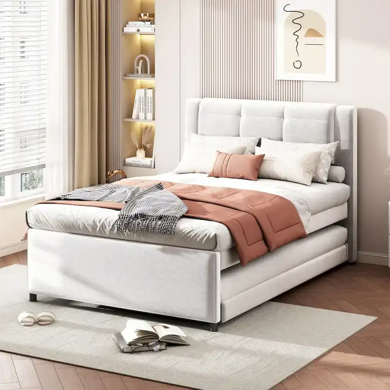 Grey / Beige Full Size Platform Bed with Trundle, Flat or Raised, 2-Person