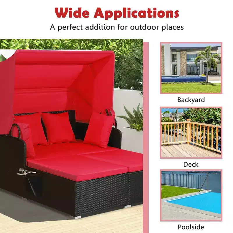 Costway Patio Rattan Daybed Lounge Retractable Top Canopy Side Tables Cushions Off White/Red/Turquoise/Beige