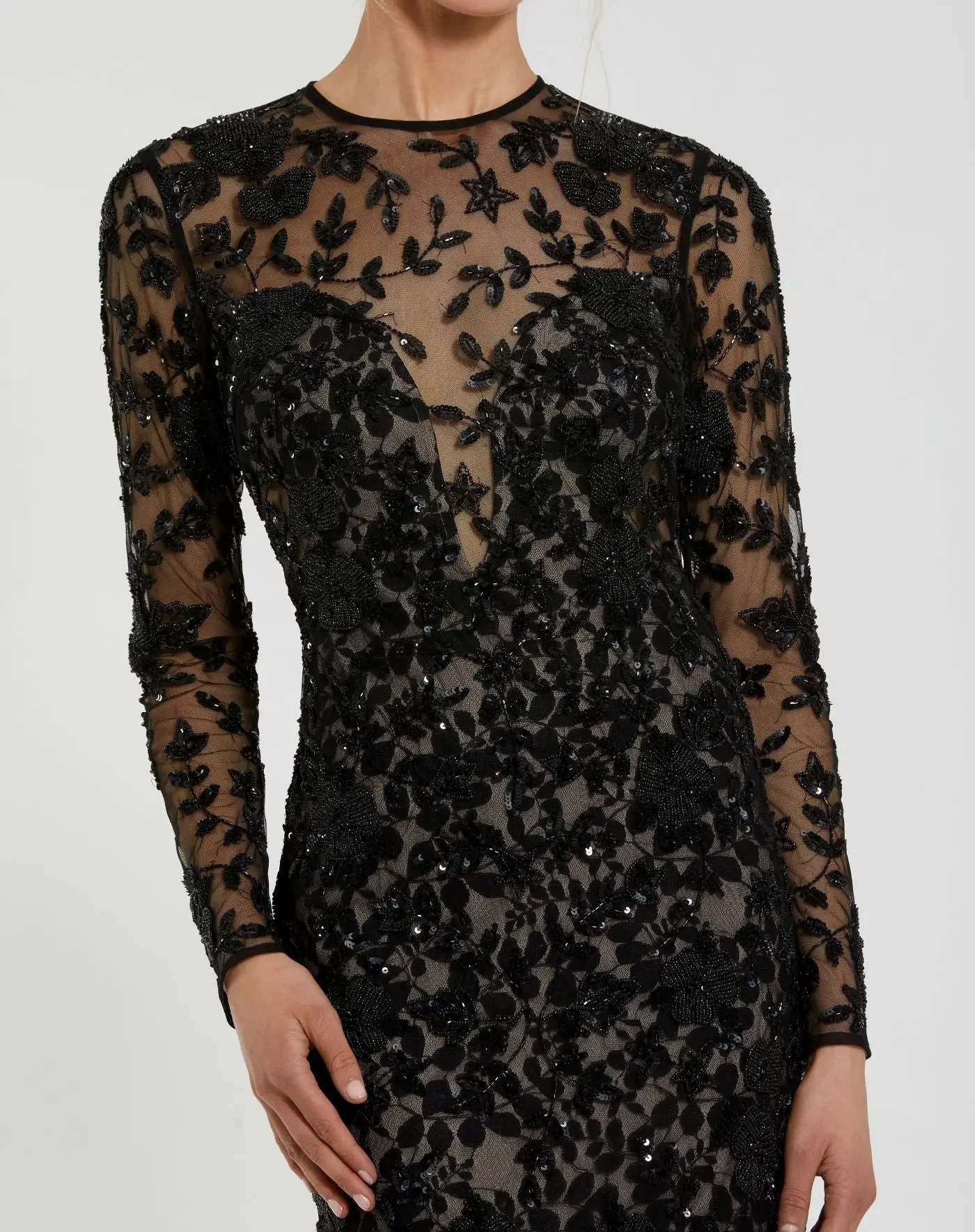 Black Long Sleeve Floral Embellished Gown