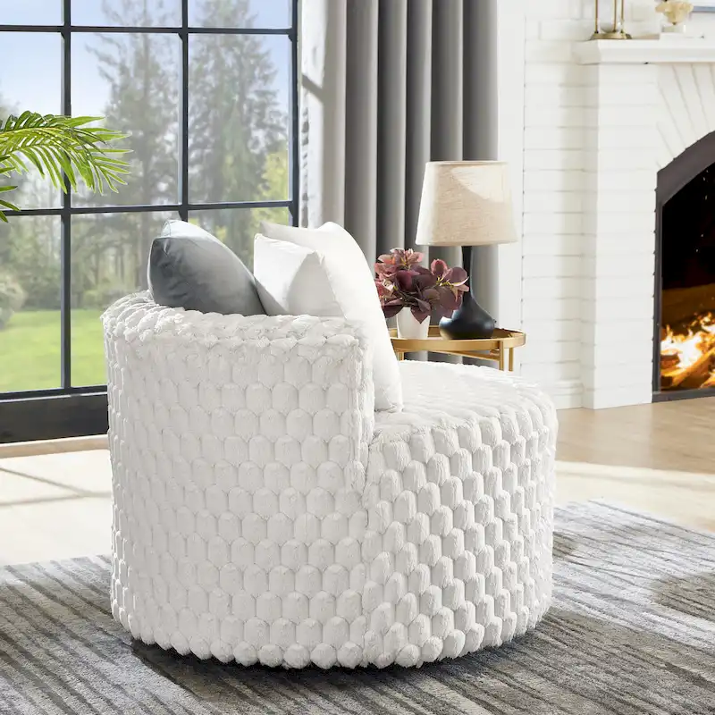 Off White 35 3D Upholstered Barrel Chair with Wheels