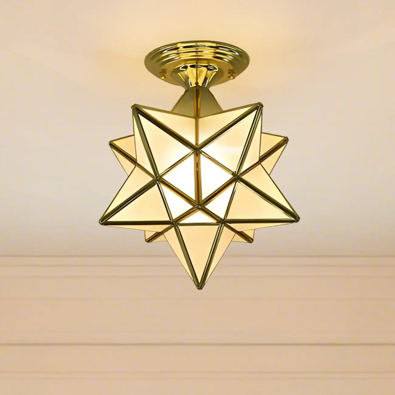 Colonial Style Gold Star Glass Shade Semi Flush Ceiling Light
