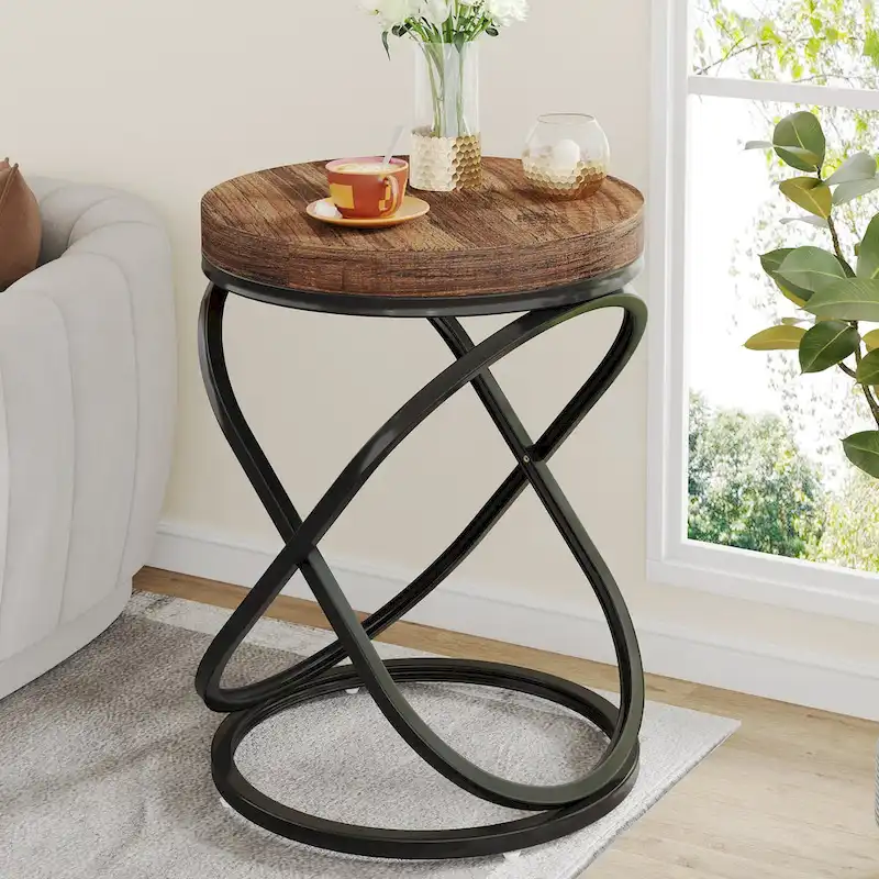 White / Brown Round End Side Table with Metal Frame, Single-Person Use