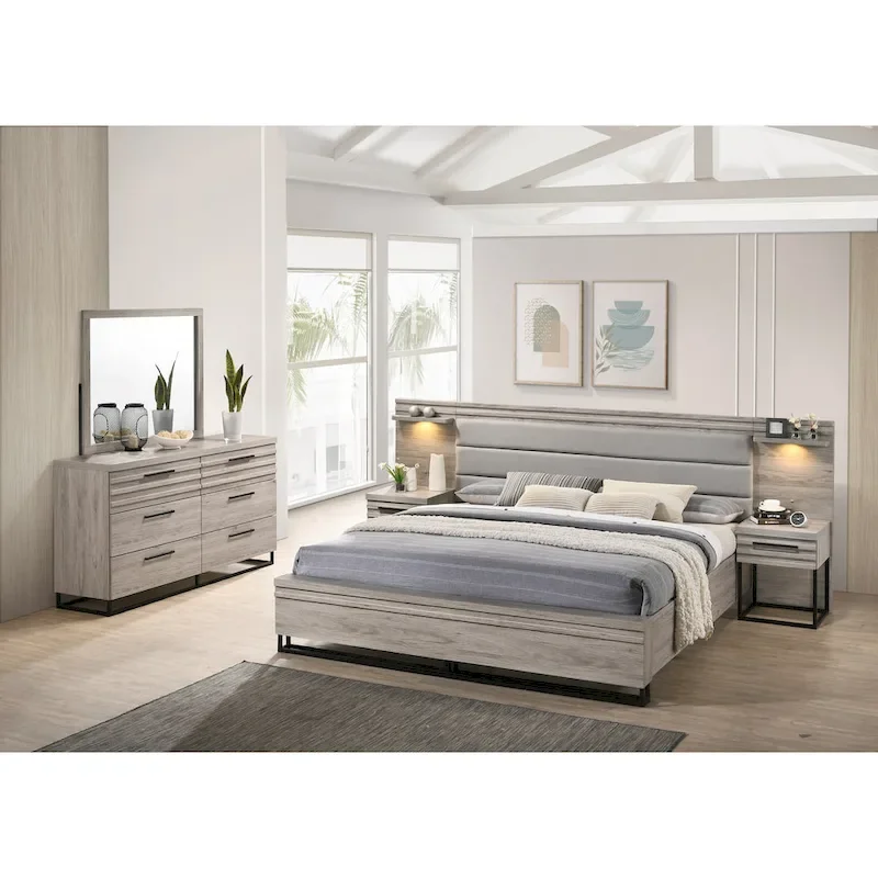 Alvear Wallbed Bed with White LED Lights, Dresser, Mirror, and 2 Nightstands, Weathered Gray