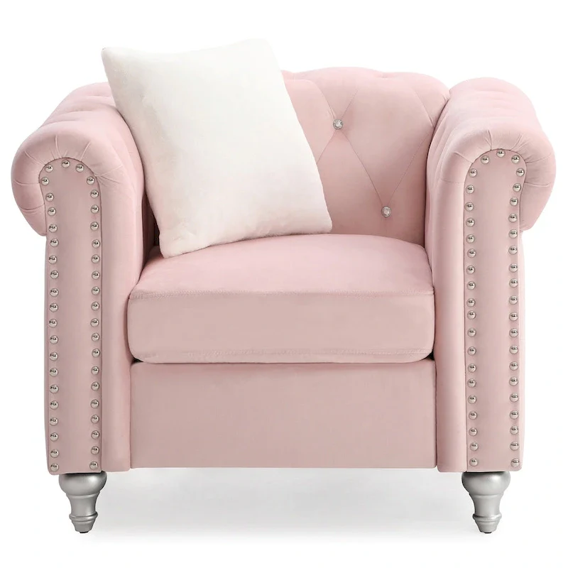 Tufted Velvet Accent Chair with Throw Pillow, Pink