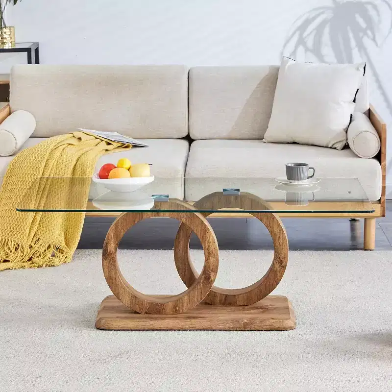 Glass Coffee Table for Living Room, Center Table, Living Room Table with Clear Tempered Glass Top and Steady Wood Color OO Shaped Base